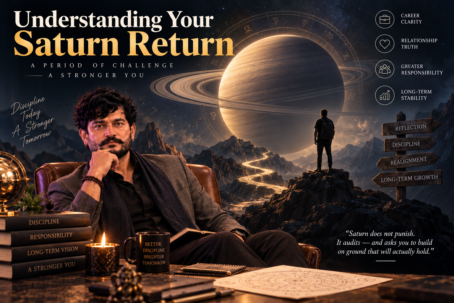 Pandit Vikesh Kumar seated at his desk beside a starfield illustration of Saturn, for Understanding Your Saturn Return